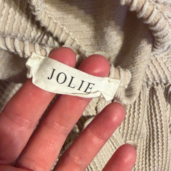 Jolie women’s large 12 14 top blouse Beige Ruffle V-Neck peplum stretch ribbed - Picture 5 of 7